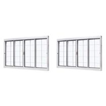Kit com 2 Janelas de Aço de Correr Central 100x120cm 4 Folhas com Grade Quadriculada e Vidro Liso