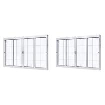 Kit com 2 Janelas de Aço de Correr Central 100x150cm 4 Folhascom Grade Quadriculada e Vidro Liso