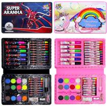 Kit com 2 Maletas de Artes Pintura Unicórnio e Aranha Canetinhas Giz Aquarela 42 Peças