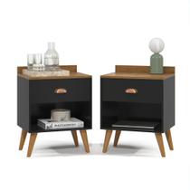 Kit com 2 Mesa de Cabeceira Perola Retrô com Pés Palito e 1 Gaveta