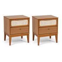 Kit com 2 Mesas de Cabeceira 2 Gavetas Madeira Maciça com Telinha Rattan Viena Mel