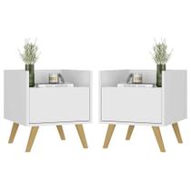 Kit Com 2 Mesas De Cabeceira 40Cm Retrô Multimóveis V4044 Branca/Natural Branco/Natural