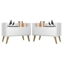 Kit Com 2 Mesas De Cabeceira 60Cm Retrô Multimóveis V3633 Branca/Natural Branco/Natural