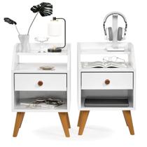 Kit com 2 mesas de cabeceira com 1 Gaveta Nicho Prateleiras Mini Cômoda Criado Dakota