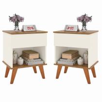 Kit com 2 Mesas de Cabeceira para Quarto 1 Gaveta Retrô com Prateleira Duda - Off White com Freijó