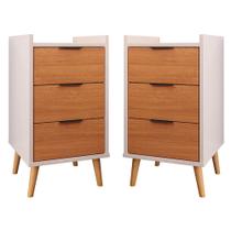 Kit Com 2 Mesas De Cabeceira Quarto Estilo Retrô Mesa Lateral Decorativa Toni 3 Gavetas GB Plus Cor:Off White Com Nature