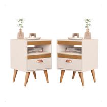 Kit com 2 Mesas de Cabeceira Retrô 1 Gaveta Design Moderno Pés Palito Acabamento Brilhante Cor OffWhite com Ypê Modelo Flex