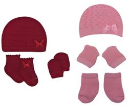 Kit Com 2 Pares De Touca + Luva + Meia Para Bebê Recém-nascido Menina