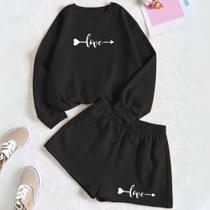 Kit Com 2 Peças Moletom GOLA CARECA E Short Feminino Estamp Love Flecha Romântico Tecido Moletinho