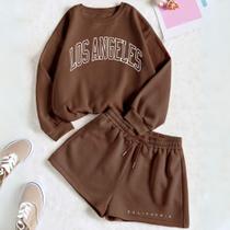 Kit Com 2 Peças Moletom GOLA CARECA E Short Feminino Moletinho Estamp Los Angeles Tecido Premium Kit Com 2 Peças Moletom GOLA CARECA E Short Feminino Moletinho Estamp Los Angeles Tecido Premium