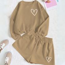 Kit Com 2 Peças Short Feminino E Moletom GOLA CARECA Estamp Corações Delicado Romântico Moletinho