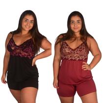 Kit com 2 Pijama / Baby Doll Feminino PLUS SIZE Sensual Liso de Renda - Short Dool Rendado Luxo Conjunto Roupa de Dormir Confortável Sexy 48 50 52 54