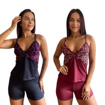 Kit com 2 Pijama / Baby Doll Feminino Sexy Liso de Renda - Short Dool Sensual Verão Luxo Conjunto Roupa de Dormir Sem Bojo Confortável Rendado Curto - Lynda Lingerie Moda Íntima Feminina Adulto