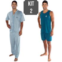 Kit Com 2 Pijamas Adulto Masculino: Camisa Manga Curta E Calça + Regata E Short