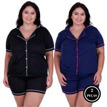 Kit Com 2 Pijamas Americano Plus Size Com Botões Amamentação - c11 KIT 2 PLUS BRENDA PRETO E MARINHO