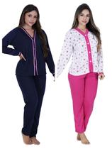 Kit com 2 pijamas inverno liso e estampado cirurgia botão manga longa