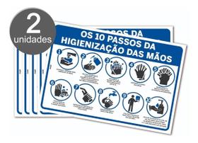 Kit com 2 Placas de Sinalização - 10 Passos para a Higienização das Mãos PS (Poliestireno) para Conscientização em Saúde