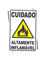 Kit com 2 Placas de Sinalização - Cuidado: Produto Altamente Inflamável - Fogo em PS (Poliestireno) Kit com 2 Placas de Sinalização - Cuidado: Produto Altamente Inflamável - Fogo em PS (Poliestireno)