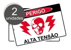 Kit com 2 Placas de Sinalização - Perigo: Energia Elétrica - Alta Tensão, Força e Corrente Altíssima em PS (Poliestireno)