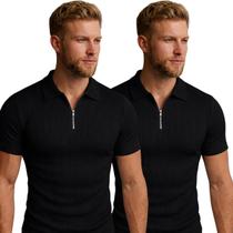 Kit com 2 Polo Masculina Canelada Manga Curta Com Zíper Slim Estilo Casual Sofisticado Confortável Kit com 2 Polo Masculina Canelada Manga Curta Com Zíper Slim Estilo Casual Sofisticado Confortável