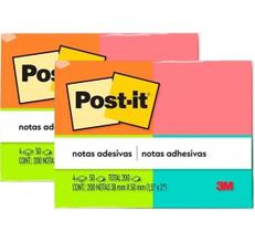 Kit com 2 POST-IT 653 Tropical 4 Cores 50 Folhas Cada 50MM X 38MM 3M