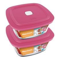 Kit com 2 Pote de Vidro c/ Tampa Quadrado 500ML Marinex