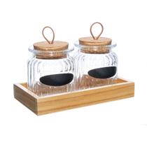 Kit Com 2 Potes De Vidro 260ml E Suporte Em Madeira - Lyor