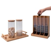 Kit com 2 potes de vidro com tampa de bambu 1,6l, porta cápsulas e bandeja retangular - Oikos