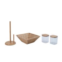 Kit com 2 potes de vidro com tampa de bambu 800ml, fruteira vazada de bambu e porta papel toalha de - OIKOS