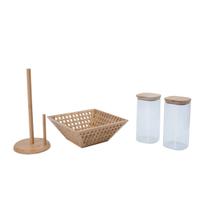 Kit com 2 potes de vidro com tampa de bambu, fruteira vazada de bambu e porta papel toalha de bambu - OIKOS