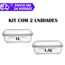 Kit Com 2 Potes Herméticos Vidro Com 4 Travas 1L/1,5L Kit Com 2 Potes Herméticos Vidro Com 4 Travas 1L/1,5L