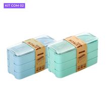 Kit Com 2 Potes Marmita Com 3 Compartimentos Lancheira 900ml 2 Talheres Lunch Box Micro-ondas