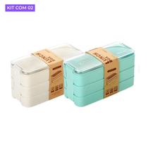 Kit Com 2 Potes Marmita Com 3 Compartimentos Lancheira 900ml 2 Talheres Lunch Box Micro-ondas