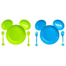 Kit com 2 Pratos Infantil com Divisórias Garfo e Colher Formato Tipo Mickey - Cim Toys