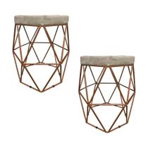 Kit Com 2 Puffs Decorativo Hexagonal Aramado Cobre Suede Bege