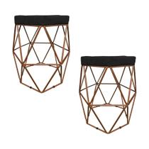 Kit Com 2 Puffs Decorativo Hexagonal Aramado Cobre Suede Preto