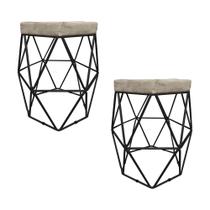 Kit Com 2 Puffs Decorativo Hexagonal Aramado Preto Suede Bege