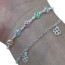 Kit com 2 Pulseira Feminina Trevo Pedra Zircônia Prata 925
