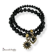 Kit com 2 pulseiras de cristais, bolas e berloques com strass preto - 12602 Kit com 2 pulseiras de cristais, bolas e berloques com strass preto - 12602