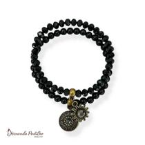 Kit com 2 pulseiras de cristais, bolas e berloques com strass preto - 12602