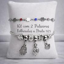 Kit com 2 Pulseiras Folheadas a Prata 925 Pulseiras Feminina em Zircônia Brilhante e Berloques Sorti