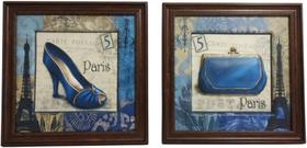 Kit com 2 Quadros Decorativos em Alto Relevo - Tema Cartão Postal Paris Bolsa Sapato Tam. 35x35cm Estilo Suave (Soft)