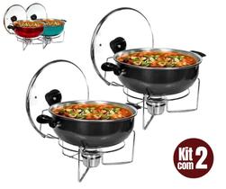 Kit com 2 Rechaud Fogareiro Panela de Alumínio Redonda Buffet P/ Comida Aquecida Tampa de Vidro 6,5L
