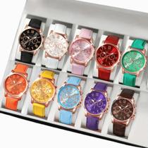 Kit com 2 Relógios quartz feminino com pulseira de couro social números romanos