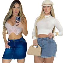 Kit Com 2 Saias Jeans Feminina Básica Com Estilo Tradicional Verão de Barra Desfiada