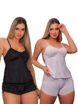 Kit com 2 Short Doll Liso Liganete Com regulagem nas alças Preto e Branco