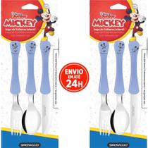 Kit Com 2 Talher Infantil Mickey Azul Inox Simonaggio Disney Garfo e Faca