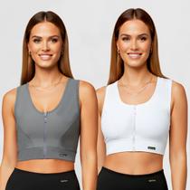 Kit com 2 Top Fitness Esportivo Zíper Sustentação do P ao GG Tamanho:PCor:Cinza-BrancoGenero:Feminino