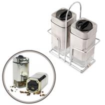 Kit Com 2 Unidades Porta Tempero Com Suporte Aço Inox Vidro Kit Com 2 Unidades Porta Tempero Com Suporte Aço Inox Vidro