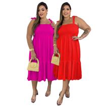 Kit com 2 Vestidos Plus Size Midi Alça Larga Lastex Soltinho Verão